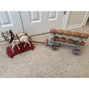 *RARE* Antique Horse, Wagon, and Barrels. Wood And Leather Folk Art